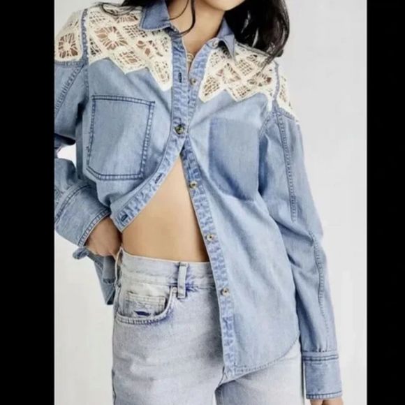 Free People Tops - Free People Boho Denim Fields Denim & Crocheted Lace Shirt Shacket